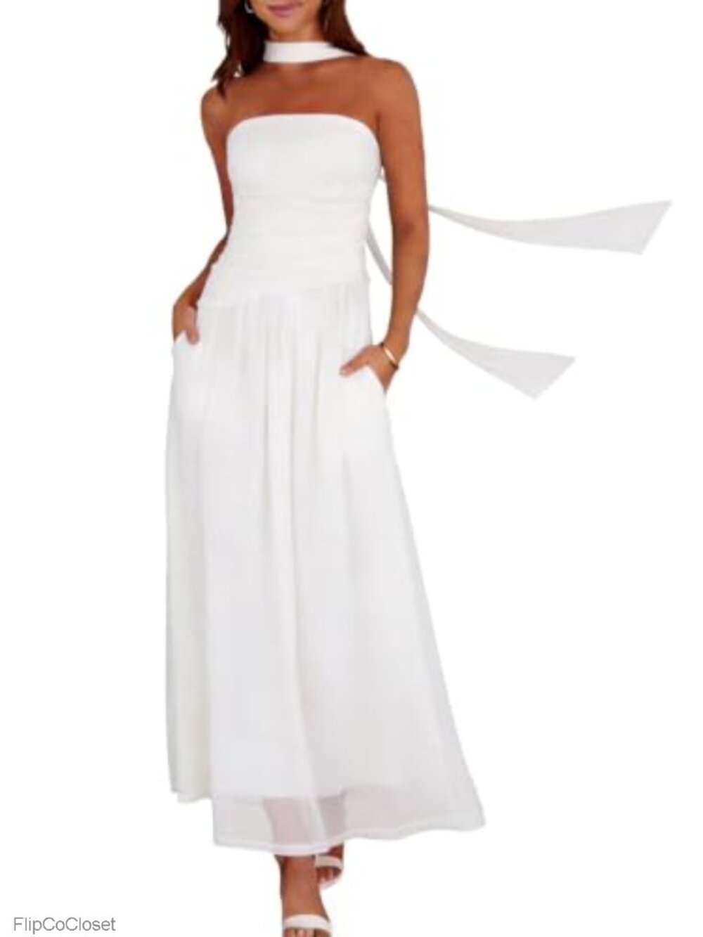 Strapless Ruched Maxi Dress with Scarf and Pockets